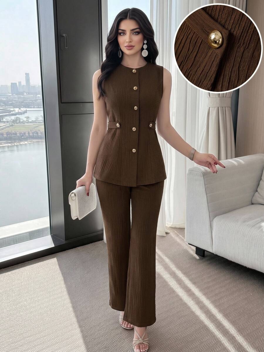 Feyla Women's Elegant Commuter Vest And Pants 2 Pieces Set