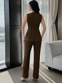 Feyla Women's Elegant Commuter Vest And Pants 2 Pieces Set - Coffee Brown - View 3