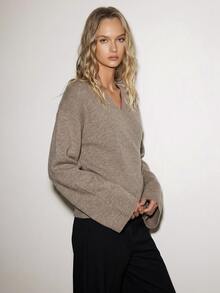 ATUI Studio Women Cross V-Neck Sweater, Drawstring Side Tie Wrap Knit Top, Fuzzy Cardigan, Wool Blend, Minimalism Modern Effortless Chic Elevating Basics - Khaki - View 4