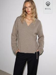 ATUI Studio Women Cross V-Neck Sweater, Drawstring Side Tie Wrap Knit Top, Fuzzy Cardigan, Wool Blend, Minimalism Modern Effortless Chic Elevating Basics - Khaki - View 2