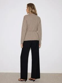ATUI Studio Women Cross V-Neck Sweater, Drawstring Side Tie Wrap Knit Top, Fuzzy Cardigan, Wool Blend, Minimalism Modern Effortless Chic Elevating Basics - Khaki - View 3