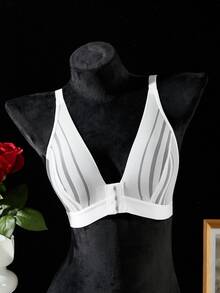 Seduluxe 1pc Casual Sexy Deep V Front Open Fishnet & Lace Trim Unlined Wireless Bra - White - View 6
