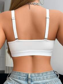 Seduluxe 1pc Casual Sexy Deep V Front Open Fishnet & Lace Trim Unlined Wireless Bra - White - View 2