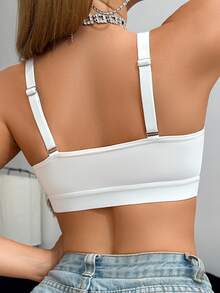 Seduluxe 1pc Casual Sexy Deep V Front Open Fishnet & Lace Trim Unlined Wireless Bra - White - View 5
