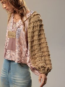 SHEIN 女款復古花卉拼接印花寬鬆顯瘦時尚優雅百搭套頭上衣 - 卡其色 - 查看 3