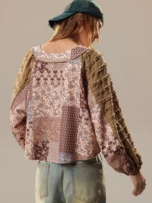 SHEIN 女款復古花卉拼接印花寬鬆顯瘦時尚優雅百搭套頭上衣 - 卡其色 - 查看 2