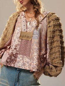 SHEIN 女款復古花卉拼接印花寬鬆顯瘦時尚優雅百搭套頭上衣 - 卡其色 - 查看 4