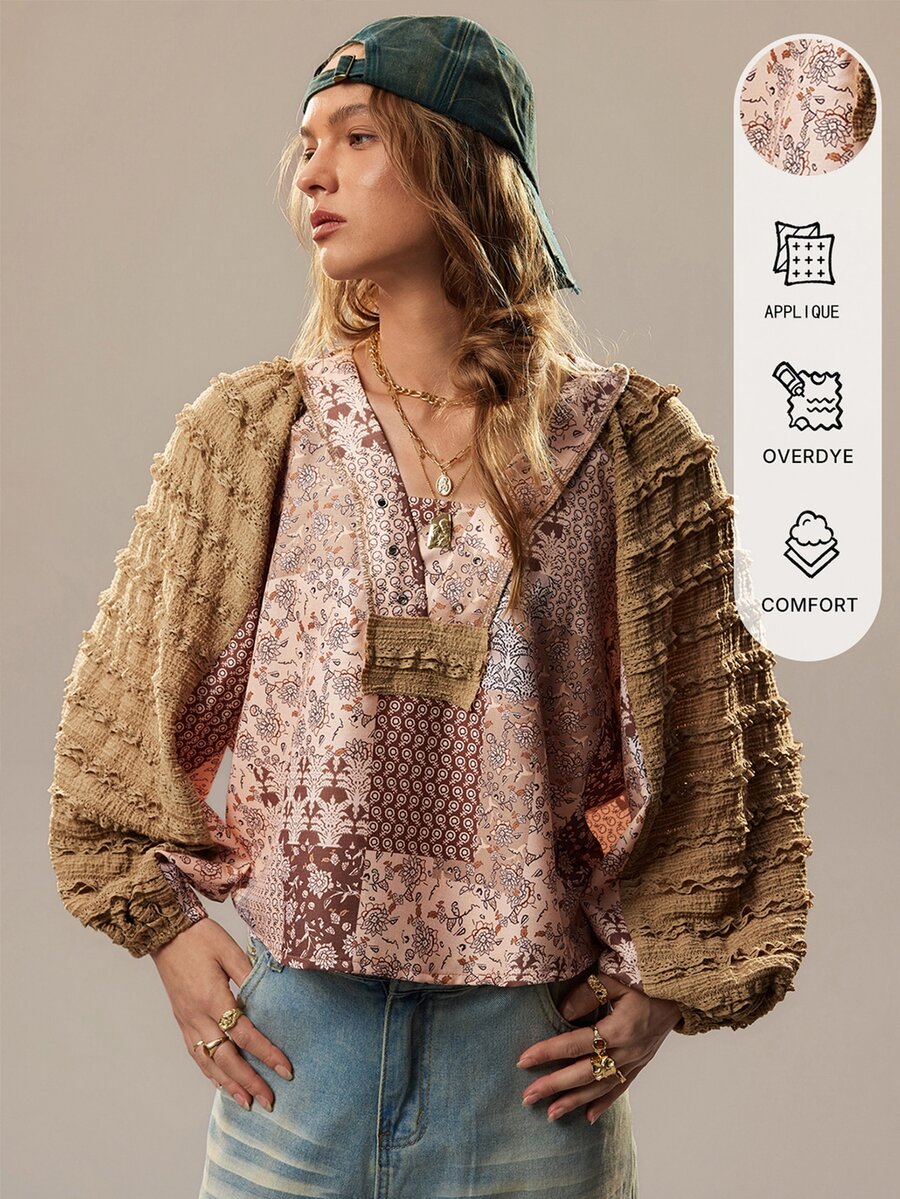 SHEIN 女款復古花卉拼接印花寬鬆顯瘦時尚優雅百搭套頭上衣 - 卡其色 - 查看 1