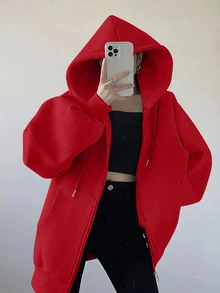 INAWLY Women's Loose Casual Long-Sleeved Hooded Zip-Up Jacket - Red - View 3