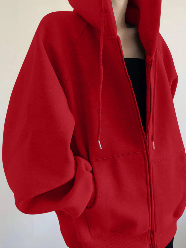 INAWLY Women's Loose Casual Long-Sleeved Hooded Zip-Up Jacket - Red - View 4