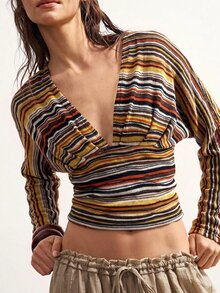 Bohemela Áo nỉ dài tay nữ thời trang du lịch màu nâu kẻ sọc phối mảng màu, eo chiết, phong cách Boho mùa thu - Nhiều màu - Xem 3