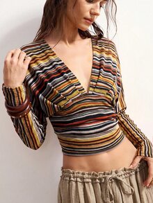 Bohemela Áo nỉ dài tay nữ thời trang du lịch màu nâu kẻ sọc phối mảng màu, eo chiết, phong cách Boho mùa thu - Nhiều màu - Xem 5