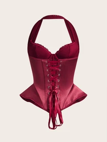 Vowa Atasan Wanita Model Halter Neck dengan Motif Patchwork Renda, Serbaguna - Burgundy - View 9