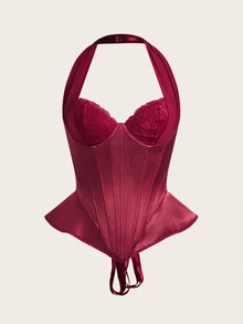 Vowa Atasan Wanita Model Halter Neck dengan Motif Patchwork Renda, Serbaguna - Burgundy - View 8