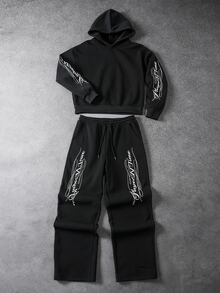 PAVTROS Men American Vintage Cursive Letter Short Hoodie & Loose Wide Leg Sweatpants 2 Pieces Set, Goth - Black - View 3