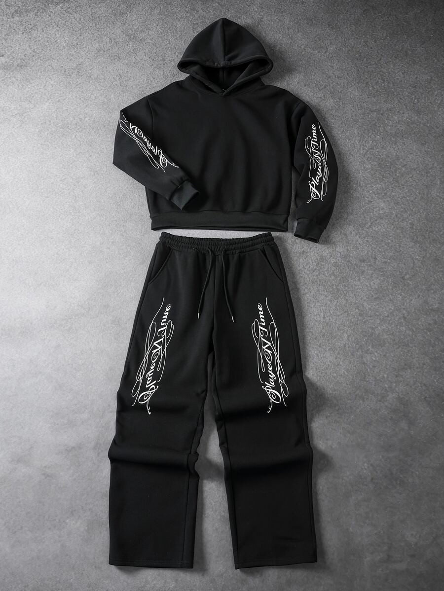PAVTROS Men American Vintage Cursive Letter Short Hoodie & Loose Wide Leg Sweatpants 2 Pieces Set, Goth - Black - View 1