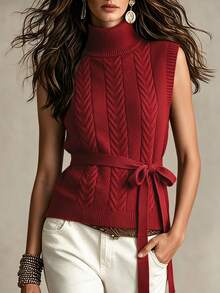 SHEIN Textured Cable Knit Vest With Turtleneck And Waist Tie Detail. Sleeveless Design, Ideal For Creating - Red - View 4