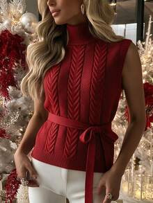 SHEIN Textured Cable Knit Vest With Turtleneck And Waist Tie Detail. Sleeveless Design, Ideal For Creating - Red - View 3
