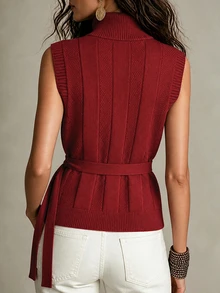 SHEIN Textured Cable Knit Vest With Turtleneck And Waist Tie Detail. Sleeveless Design, Ideal For Creating - Red - View 2
