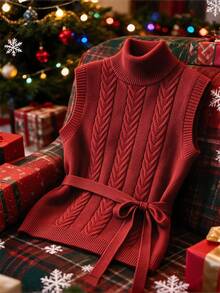 SHEIN Textured Cable Knit Vest With Turtleneck And Waist Tie Detail. Sleeveless Design, Ideal For Creating - Red - View 1