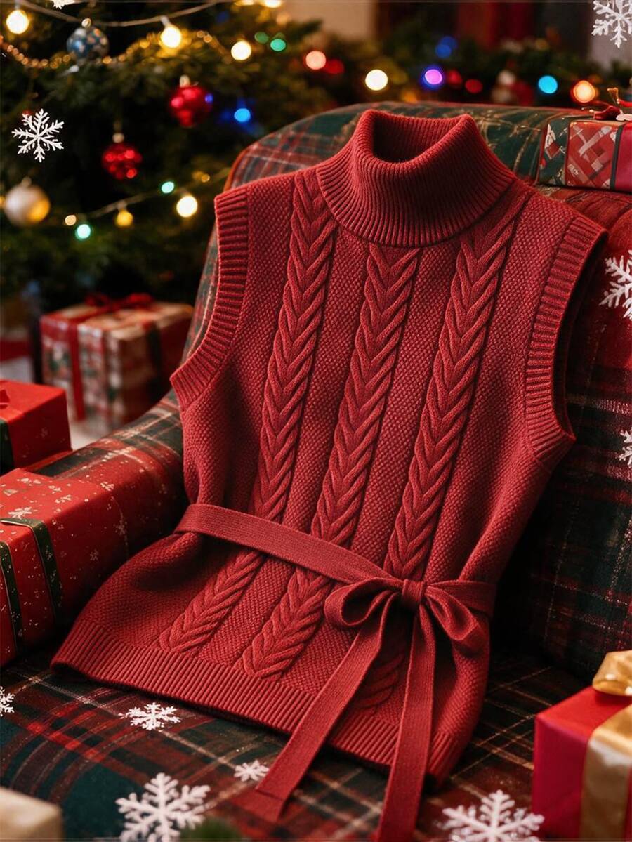 SHEIN Textured Cable Knit Vest With Turtleneck And Waist Tie Detail. Sleeveless Design, Ideal For Creating - Red - View 1