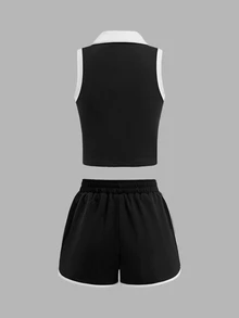 SHEIN Sports Sports Leisure Fashion Yoga Running Fitness High Elastic Skin-Friendly Cute Lapel Ladies Two-Piece Tennis Suit - Black and White - View 3