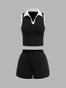 SHEIN Sports Sports Leisure Fashion Yoga Running Fitness High Elastic Skin-Friendly Cute Lapel Ladies Two-Piece Tennis Suit - Black and White - View 2