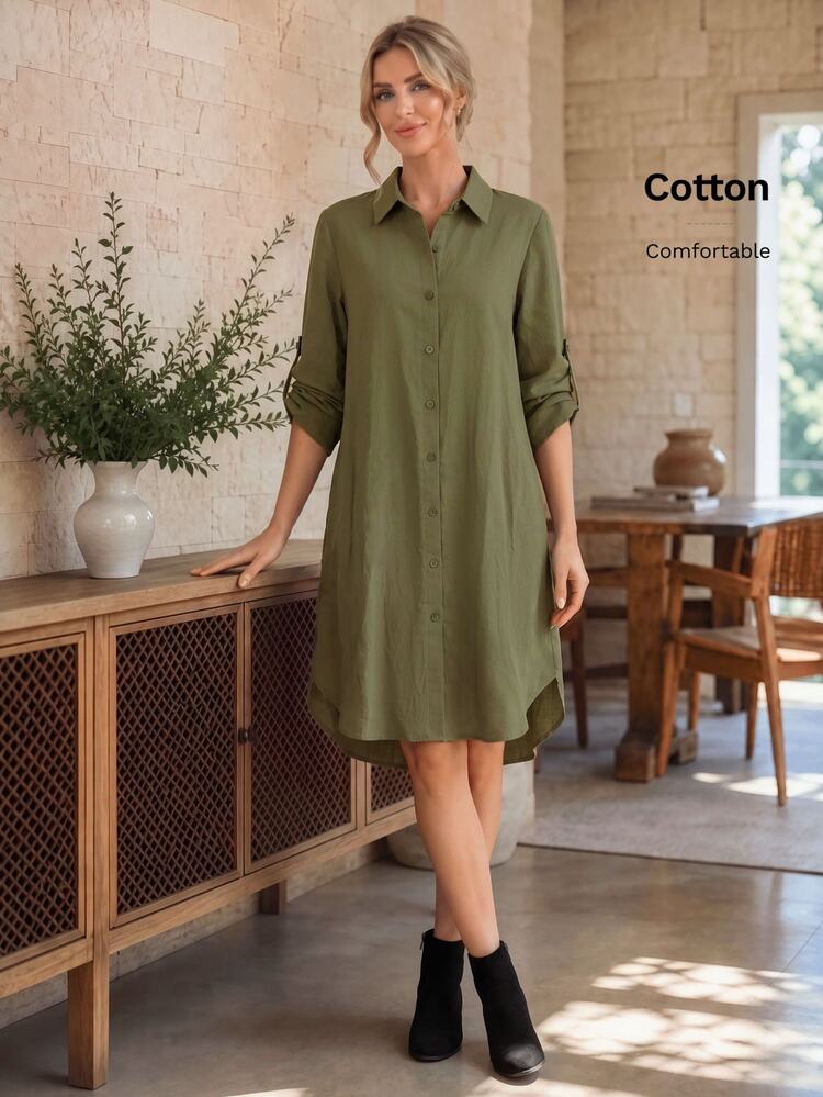 EMERY ROSE Women's Solid Color Single-Breasted Casual Commuter Short Dress - Dark Green - View 8