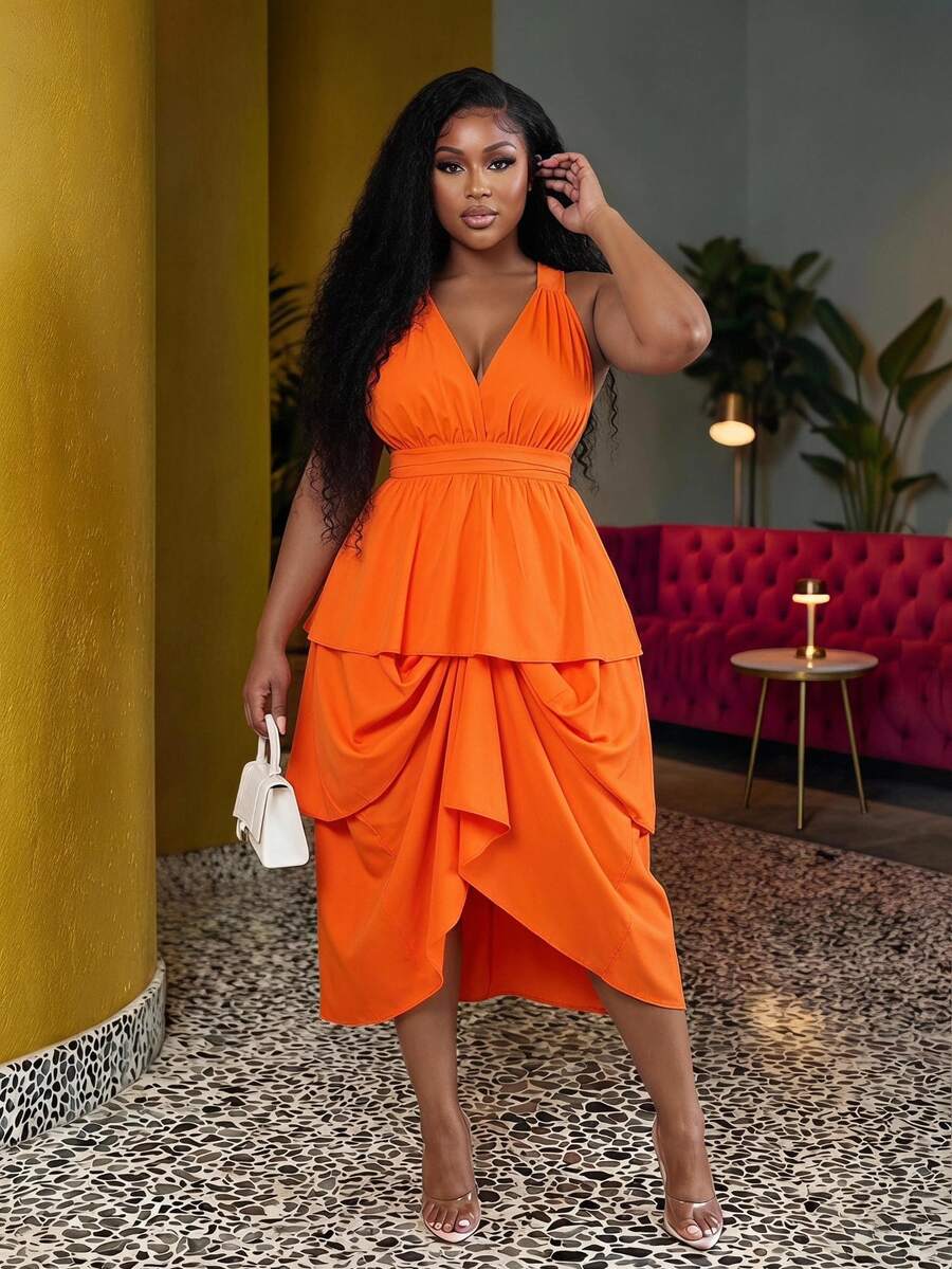 Veslaya Plus Size Women's Orange Summer Beach Dress,Halter Hollow-Out Multilayer Ruffle Hem Waisted Midi Dress For Holiday,Vacation & Casual Styles - Orange - View 1