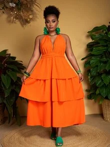 Veslaya Plus Size Women's Orange Summer Beach Dress,Halter Hollow-Out Multilayer Ruffle Hem Waisted Midi Dress For Holiday,Vacation & Casual Styles - Orange - View 5