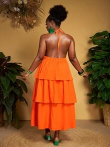 Veslaya Plus Size Women's Orange Summer Beach Dress,Halter Hollow-Out Multilayer Ruffle Hem Waisted Midi Dress For Holiday,Vacation & Casual Styles - Orange - View 2