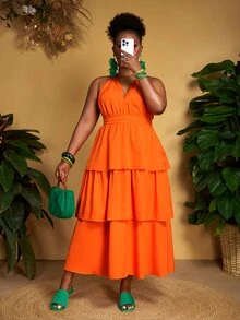 Veslaya Plus Size Women's Orange Summer Beach Dress,Halter Hollow-Out Multilayer Ruffle Hem Waisted Midi Dress For Holiday,Vacation & Casual Styles - Orange - View 3