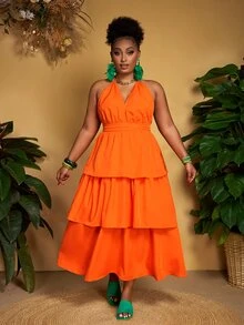 Veslaya Plus Size Women's Orange Summer Beach Dress,Halter Hollow-Out Multilayer Ruffle Hem Waisted Midi Dress For Holiday,Vacation & Casual Styles - Orange - View 6
