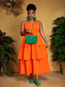Veslaya Plus Size Women's Orange Summer Beach Dress,Halter Hollow-Out Multilayer Ruffle Hem Waisted Midi Dress For Holiday,Vacation & Casual Styles - Orange - View 7