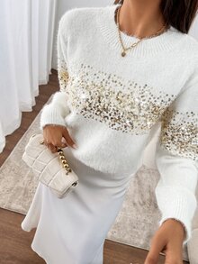Breezaya 女士休闲圆领长袖亮片宽松毛衣，秋冬季，长袖上衣，针织套头衫 - 白色 - 查看 6