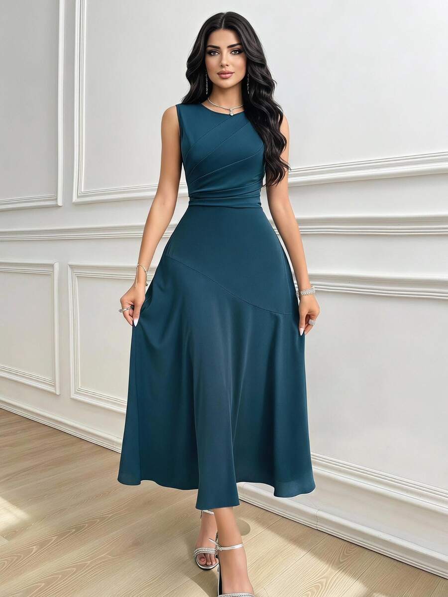 Feyla Women Elegant Solid Color Sleeveless Dress For Commute Wedding Day Party Bar Party Teal Blue Summer