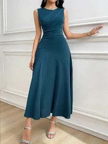 Feyla Women Elegant Solid Color Sleeveless Dress For Commute Wedding Day Party Bar Party Teal Blue Summer - Blue - View 5