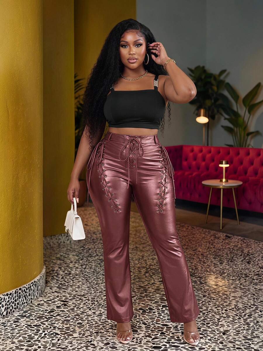 Veslaya Women Plus Size Tight Fitting PU Leather Pants With Eyelet Lace-Up Design - Burgundy - View 1