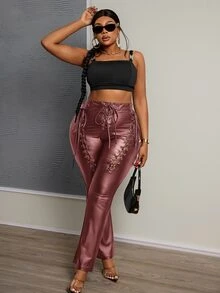 Veslaya Women Plus Size Tight Fitting PU Leather Pants With Eyelet Lace-Up Design - Burgundy - View 4