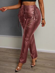 Veslaya Women Plus Size Tight Fitting PU Leather Pants With Eyelet Lace-Up Design - Burgundy - View 3