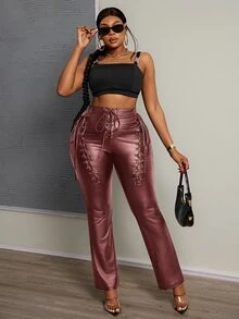 Veslaya Women Plus Size Tight Fitting PU Leather Pants With Eyelet Lace-Up Design - Burgundy - View 5