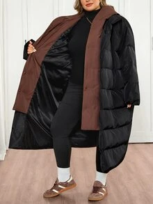 SHEIN CURVE+ Plus Size Casual Colorblock Hooded Jacket, Women's Winter Long Coat - Black - View 9