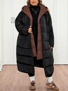 SHEIN CURVE+ Plus Size Casual Colorblock Hooded Jacket, Women's Winter Long Coat - Black - View 4