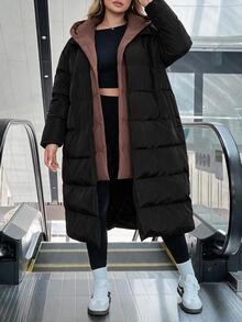 SHEIN CURVE+ Plus Size Casual Colorblock Hooded Jacket, Women's Winter Long Coat - Black - View 3