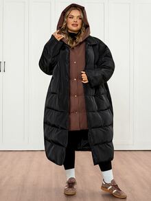 SHEIN CURVE+ Plus Size Casual Colorblock Hooded Jacket, Women's Winter Long Coat - Black - View 7