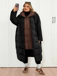 SHEIN CURVE+ Plus Size Casual Colorblock Hooded Jacket, Women's Winter Long Coat - Black - View 6