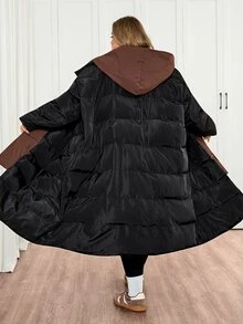 SHEIN CURVE+ Plus Size Casual Colorblock Hooded Jacket, Women's Winter Long Coat - Black - View 2