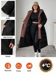 SHEIN CURVE+ Plus Size Casual Colorblock Hooded Jacket, Women's Winter Long Coat - Black - View 8