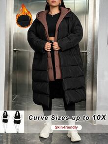 SHEIN CURVE+ Plus Size Casual Colorblock Hooded Jacket, Women's Winter Long Coat - Black - View 1