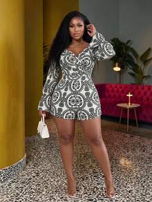 Veslaya Plus Size Summer Two-Piece Casual Vacation Shorts And Wrap Top Set ,Fall - Green - View 1